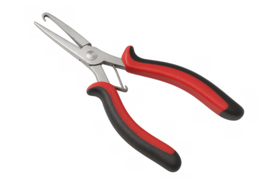 Red and black pliers with ergonomic grips displayed on a transparent background, ideal for various repair and construction tasks