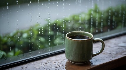 Steaming cup of dark coffee sits on a wet wooden surface next to a window with raindrops and blurred green foliage outside