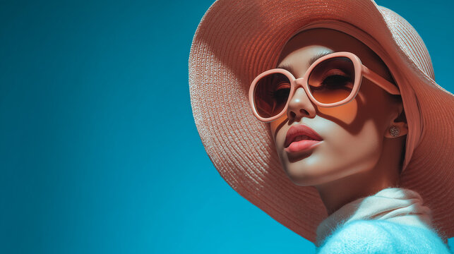 A stylish woman in a wide-brimmed hat and oversized sunglasses poses confidently against a blue background.