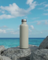 A light beige reusable water bottle with a silver cap rests on textured grey rocks against a backdrop of a bright blue sky and turquoise ocean water