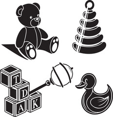 Classic black and white illustrations of baby toys including bear duck and block set