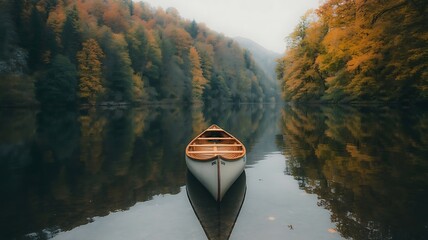 A lone white canoe rests on a calm reflective lake surrounded by a misty forest displaying vibrant autumn foliage colors of orange and green