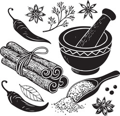 Illustration of various spices and herbs with mortar and pestle in black and white