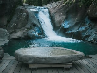 A serene natural stone basin filled with clear water sits on a wooden deck overlooking a cascading waterfall in a lush forest setting