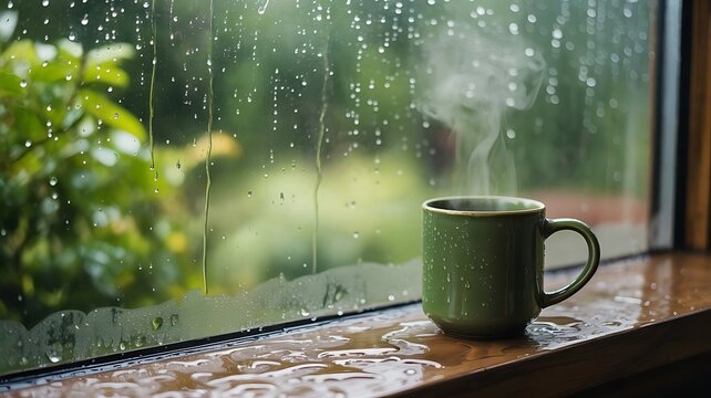 A steaming green mug of hot coffee sits on a wet windowsill with raindrops on the glass and blurred green foliage outside