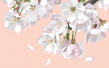 Delicate white cherry blossoms with soft pink petals and yellow stamens bloom against a pale peach background with falling petals
