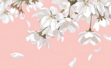 Delicate white cherry blossoms with green stems gently fall against a soft pastel pink background with scattered petals creating a serene and beautiful spring scene