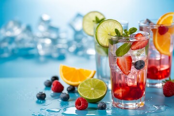 Refreshing summer cocktails with fresh strawberries blueberries raspberries and lime slices garnished with mint leaves on a blue surface with ice