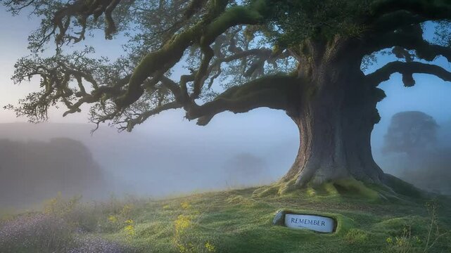 Ethereal ancient tree overlooks a foggy meadow, marked by a stone bearing a meaningful word.
