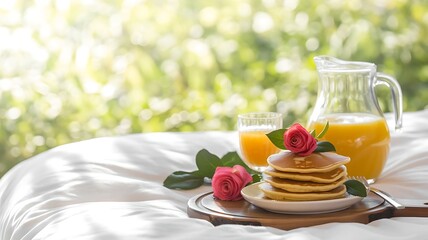 A delightful breakfast of fluffy pancakes and fresh orange juice served on a wooden tray with a pink rose and green leaves on a white sheet