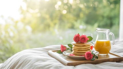 Romantic breakfast in bed featuring a stack of golden pancakes adorned with pink roses and a refreshing glass pitcher of orange juice