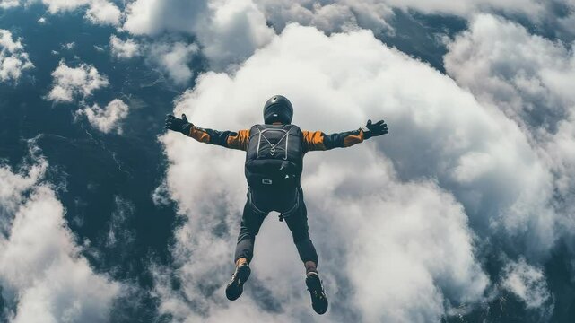 A man in a parachute jumps out of the sky. He is wearing a backpack. The sky is blue