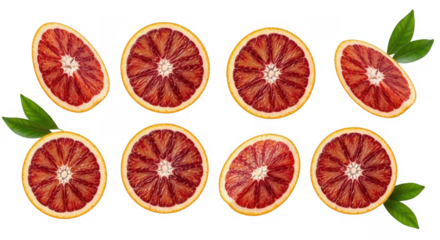 Fresh and Vibrant Blood Orange Slices with Green Leaves Perfect for Culinary, Beverage, and Health Uses, isolated on a transparent background