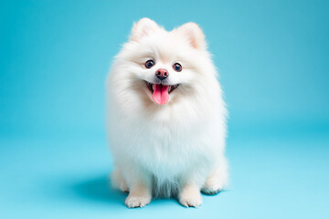 Fototapeta premium White fluffy dog sitting on a bright blue background, smiling with tongue out.