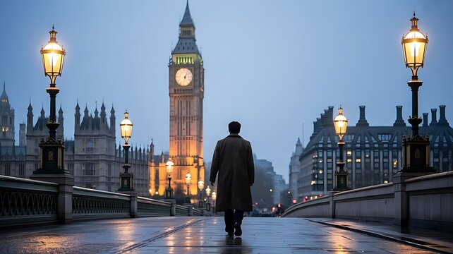 Lone man in a trench coat walks across a wet bridge towards big ben and the houses of parliament at dusk