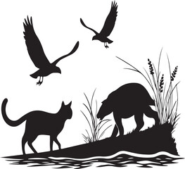 Silhouette illustration depicting cat bird and bear wildlife scene in black and white