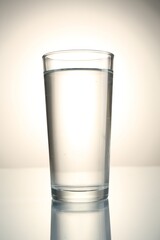 Fresh water in glass on mirror table against gray gradient background