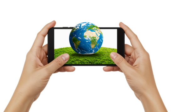 Hands holding smartphone with Earth and grass, environment, ecology, transparent background.