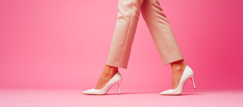 Woman walking in white high heels and beige pants against a pink background.