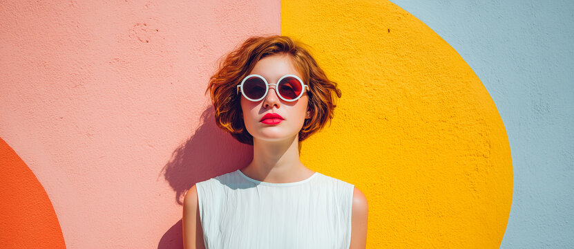 Woman in round red sunglasses standing against a colorful abstract wall.