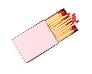 Matches in box isolated on white, top view. Mockup for design