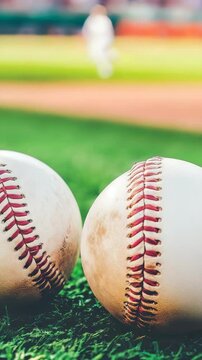 Two baseballs are on the field, one of which is slightly larger than the other. The field is green and the baseballs are white and red