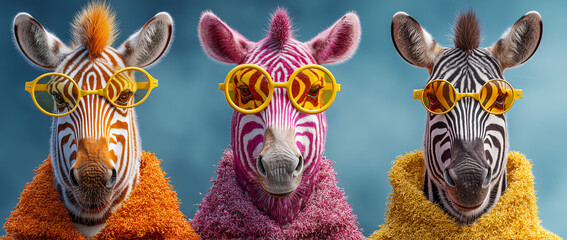 Three zebras with colorful fur wearing yellow sunglasses and cozy coats.
