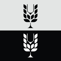 An abstract black and white logo design featuring a stylized wheat stalk, isolated on a split gray and black background