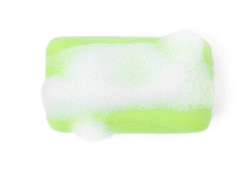 Soap bar with foam isolated on white, top view