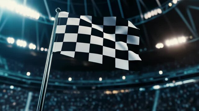 A checkered flag is flying in the air above a stadium full of people. The flag is black and white with a red circle in the middle. The stadium is filled with people watching the flag