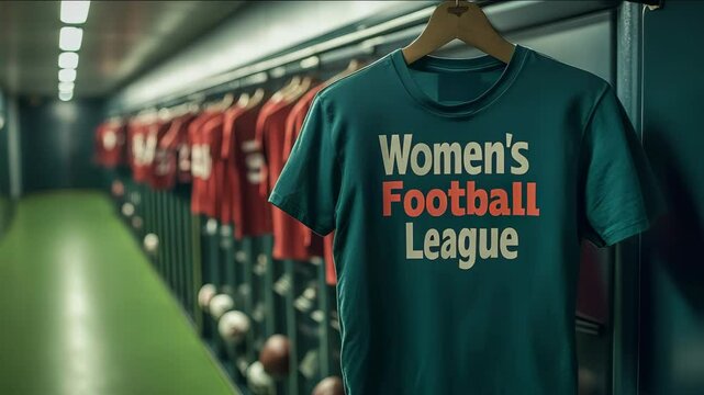 A green shirt that says women's football league. It is hanging on a rack. There are many other shirts hanging on the rack