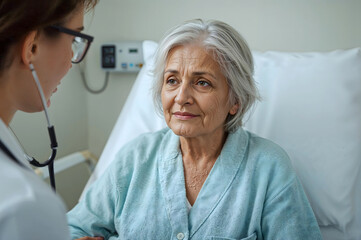 An old woman is lying on a hospital bed and being examined.