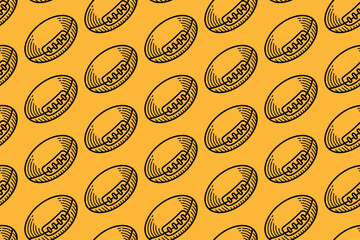 rugby ball seamless pattern. hand-drawn american sport ball vector background. vintage oval ball line art motif on yellow background. ideal for sports themed, prints and merchandise