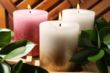 Burning candles and green leaves on wooden tray, closeup