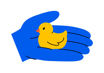 Hand drawn cute cartoon illustration of hand holding yellow rubber duck character. Flat vector bathroom toy bird in arm doodle. Float animal mascot icon or print. Beach or pool holiday sign. Isolated.