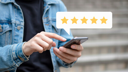 A close-up photograph of hands using a black smartphone against a blurred gray background