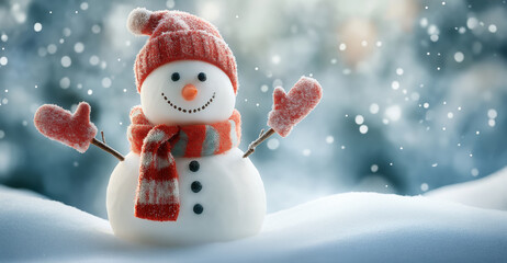 Christmas snowman with red hat, scarf, and mittens standing in snowy landscape with falling snowflakes. Cheerful winter holiday decoration scene.