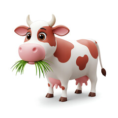 Cartoon cow with brown and white spots eating green grass, isolated on a white background.