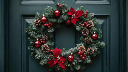 Christmas wreath with pine cones, red berries, ornaments, and poinsettia flowers hanging on a dark door. Classic festive decoration for winter holidays.