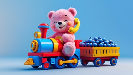 Fictional 3D Scene Featuring Happy Teddy Bear on Bright Toy Train

