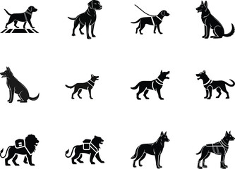Black silhouette set presents dogs, lions wearing harness and armor on a transparent background