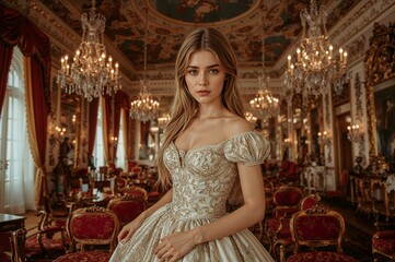A young woman in a 19th-century dress in the palace.