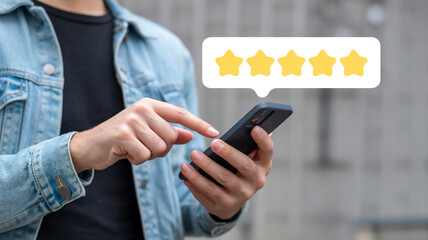 A close-up photograph of hands using a black smartphone against a blurred gray background