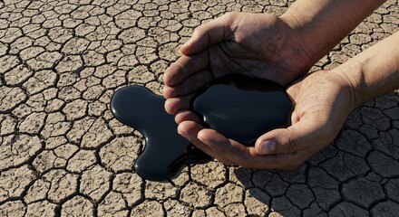 Hands holding black crude oil with cracked earth background, environmental concept