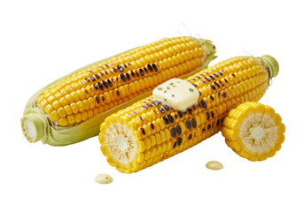 Grilled corn on the cob with butter glaze on white or transparent background, summer BBQ food photo