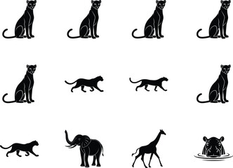 Silhouetted jungle animal collection displays majestic cats alongside an elephant, giraffe and hippo, transparent background