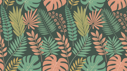 Tropical leaf pattern in muted coral green and gold