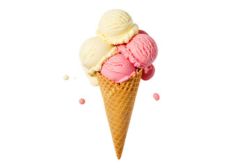 Colorful melting ice cream cone on white or transparent background, summer dessert photo, vibrant and fresh