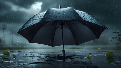 Luxurious Umbrella with Water Droplets in a Dark Weather Concept
