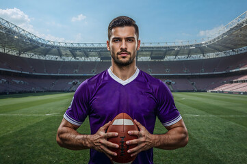 Portrait of an American football player with a ball on the field.